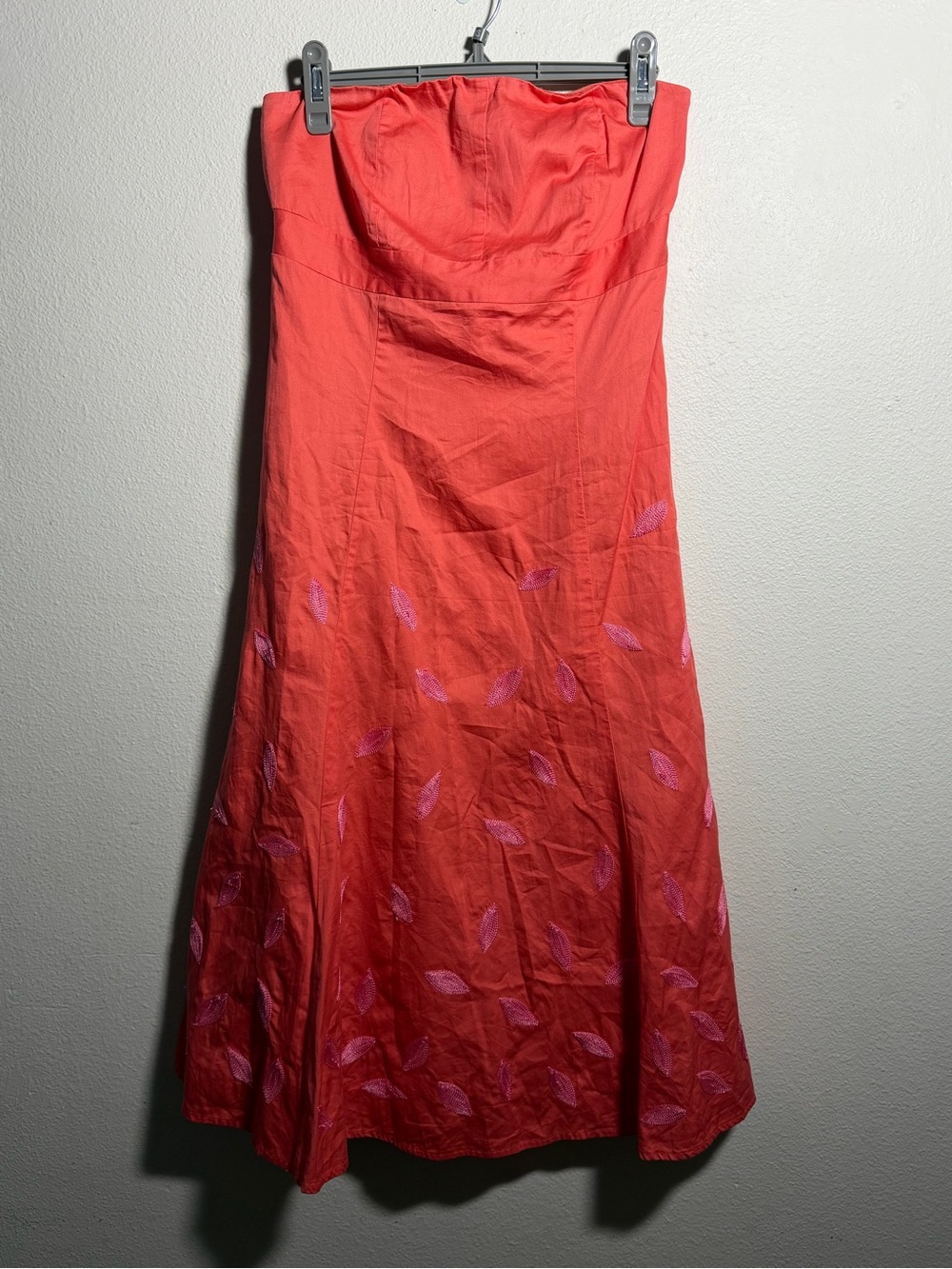 Liz Claiborne Coral Strapless Dress with Pink Leaf Embroidery